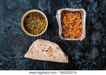 Take Away Indian Dish Spinach Lamb Palak With Gajar Ka Halwa / Helva Is A Carrot-based Sweet Dessert