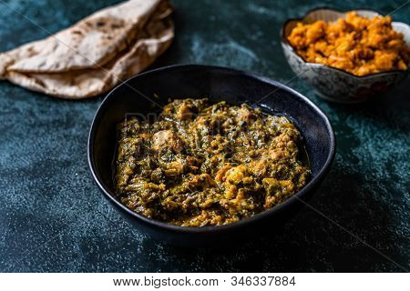 Indian Dish Spinach Lamb Palak With Gajar Ka Halwa / Helva Is A Carrot-based Sweet Dessert Pudding F