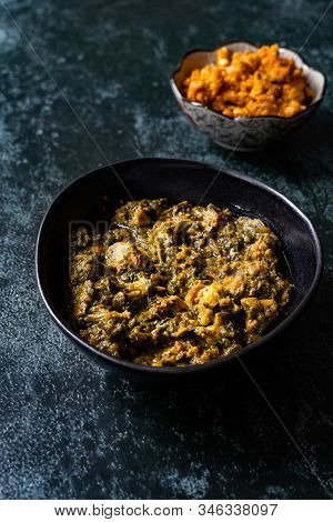 Indian Dish Spinach Lamb Palak With Gajar Ka Halwa / Helva Is A Carrot-based Sweet Dessert Pudding F