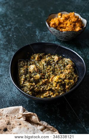 Indian Dish Spinach Lamb Palak With Gajar Ka Halwa / Helva Is A Carrot-based Sweet Dessert Pudding F