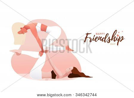 Two Young Women Practicing Acro Yoga In Couple. Balance, Support, Unity, Feminine Friendship Concept