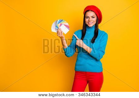 Portrait Of Her She Nice Attractive Confident Cheerful Cheery Girl Designer Holding In Hand Demonstr