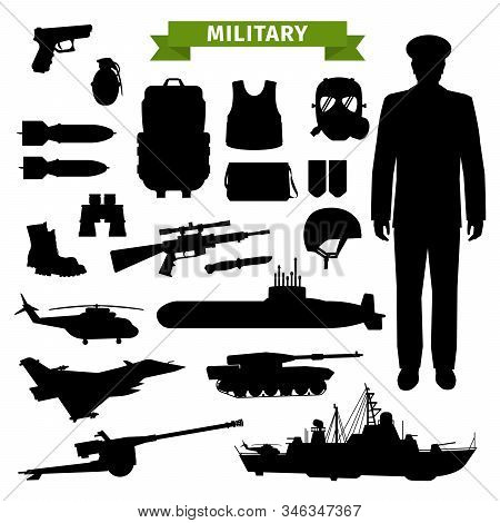 Military Ammunition, Transport, Gun And Officer Isolated Black Silhouettes. Vector Gun And Rifle, Ar