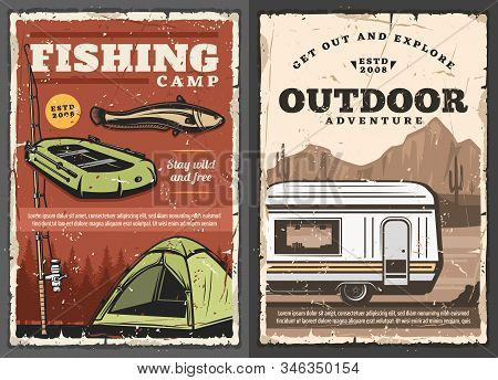 Fishing Camp And Outdoor Camping In Pickup, Retro Vector Poster. Fishery Sport, Inflatable Boat With