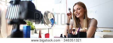Caucasian Woman Blogger Creating Beauty Video Blog. Female Makeup Artist Recording Cosmetics Apply T