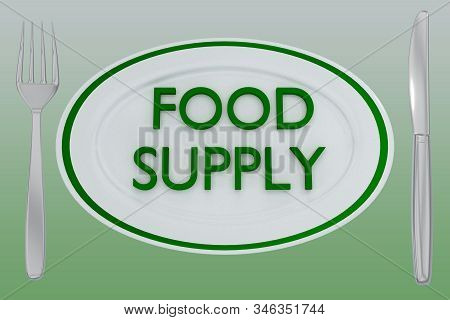 3d Illustration Of Food Supply Title On A White Plate, Along With Silver Knif And Fork, On Green Gra