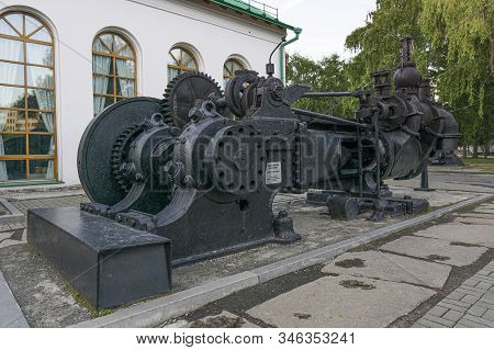 Yekaterinburg, Russia - June 20, 2019: Monument Mechanism Reversible Steam Engine Near The Museum Of