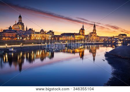 Dresden, Germany. Image Of Dresden, Germany With The Dresden Frauenkirche And Dresden Cathedral Duri