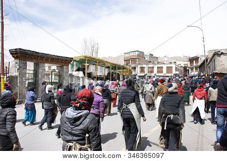 Jammu Kashmir, India - March 20 : Tibetans Walking Parade On The Road For Respect Praying Buddha Cha
