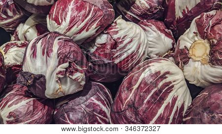 Healthy Purple Violet And White Cabbage Heads As Organic Vegetable In A Grocery Store Market For Sal