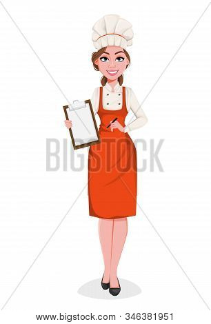 Beautiful Young Chef Woman Holding Blank Clipboard. Pretty Cook Lady In Professional Apron And Hat. 