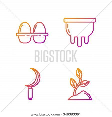 Set Line Sprout, Sickle, Chicken Egg In Box And Udder. Gradient Color Icons. Vector