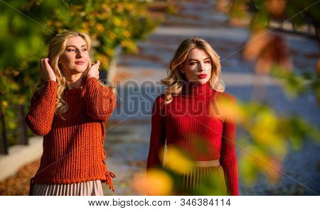 Autumn Park. Pleated Trend. Girls In Corrugated Skirt And Sweater. Female Beauty. Real Femininity. A