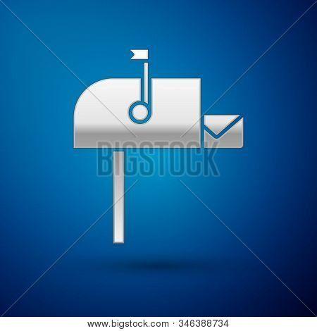 Silver Open Mail Box Icon Isolated On Blue Background. Mailbox Icon. Mail Postbox On Pole With Flag.