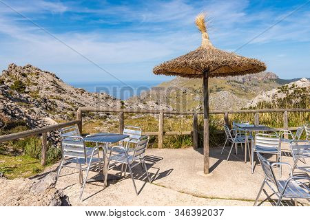 Cafe With A View Of The Mountainous Northwest Coast Of The Island Of Majorca. Spain