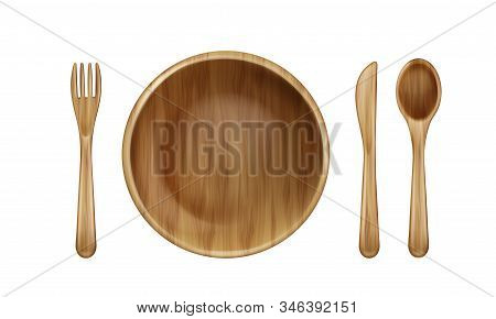 Wooden Plate, Fork, Spoon And Knife Top View Isolated On White Background, Table Setting With Empty 