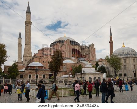 Istanbul, Turkey - October 11, 2019: Tourists Visiting The Beautiful Hagia Sophia Mosque In Istanbul