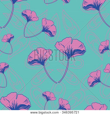 Vector Seamless Pattern Ginko Wax With Pink And Purple Ginkgo Leaves With Pink Arabesques