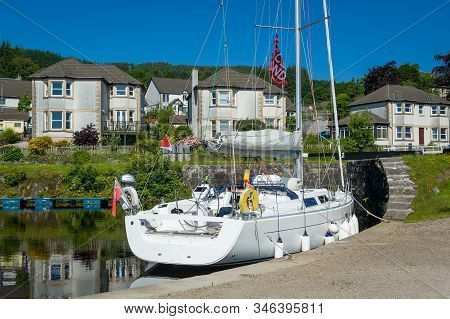 Modern Sailing Boat Docked Next To Ardrishaig Gates. Crinan Channel, Scotland.