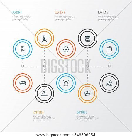 Meal Icons Line Style Set With Popcorn, Olive Branch, Syrup And Other Crepe Elements. Isolated Vecto