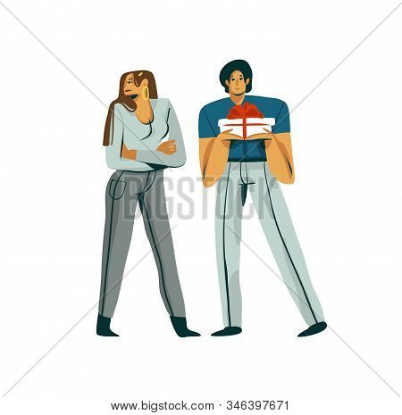 Hand Drawn Vector Stock Abstract Graphic Valentines Day Illustration With Young Romantic Couple In C