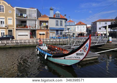 Aveiro, Portugal - May 23, 2018: Aveiro Canal Gondola-style Boats In Portugal. Aveiro Is Known As Th