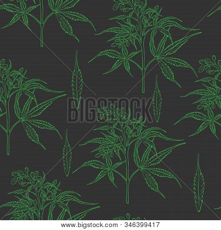 Dark Seamless Patttern With Handdrawn Hemp Bush