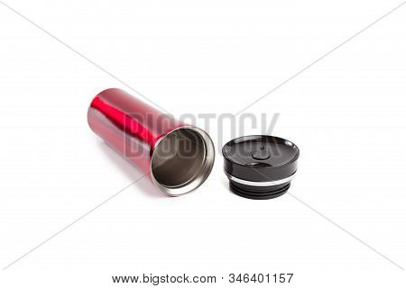 Red Burgundy Thermo Mug On A White Background Isolated