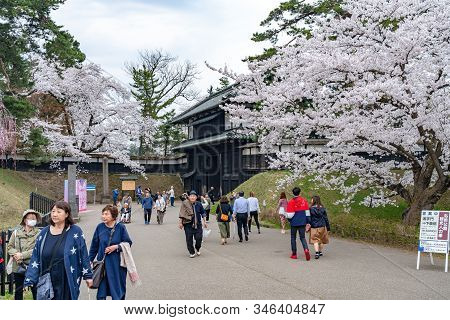 Hirosaki Park In Springtime Cherry Blossom Season Sunny Day At Otemon Gate Entrance. Visitors Enjoy 
