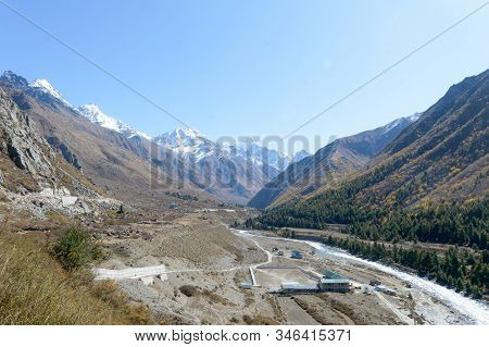 Panoramic Himalayas Highland Islands Mountain Valley, Panorama Of City Sangla Valley, Residential Bu