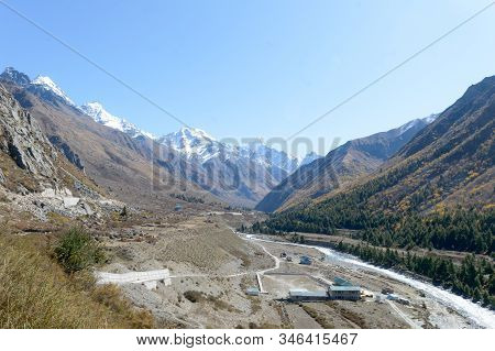 Panoramic Himalayas Highland Islands Mountain Valley, Panorama Of City Sangla Valley, Chitkul Villag