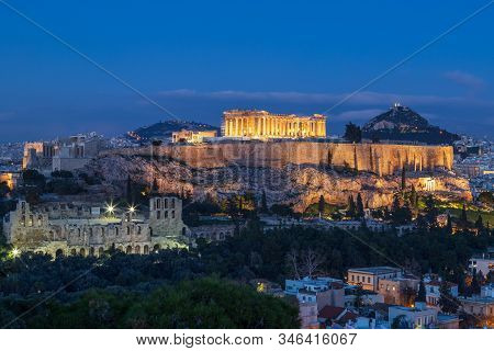 View Of Acropolis And Parthenon From The Philopappos Hill In The Evening, Athens, Greece.