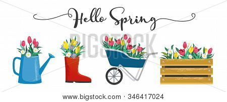 Hello Spring Cute Card With Blossoms And Lettering