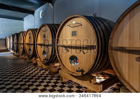 France Lyon 2019-06-21 Stack Of Wooden Barrels, Aging, Fermentation Process, Store In Modern Brocard
