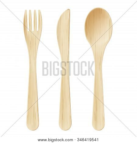 Wooden Cutlery, Disposable Fork, Spoon And Knife Isolated On White Background Bamboo Biodegradable T