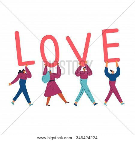 Group Of Different Young Confident Women And Man Carry Letters Love.template Design For Valentine Da
