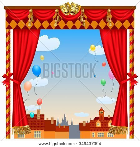 Puppet show booth with theater masks, red curtain, illuminated signboards and city view and colorful balloons in the sky. Artistic and theatrical poster and template design. 