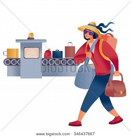 A Woman In A Hat And Laden With Bags Goes Past The Tape With Luggage At The Airport,