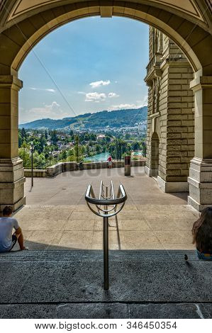 Bern, Switzerland - July 26, 2019: Panoramic View Of The Squares, Streets And Buildings Of Historica