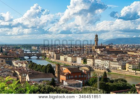 View Of Medieval Stone Bridge Ponte Vecchio Over Arno River In Florence