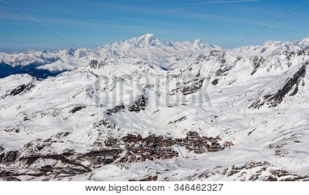 Val Thorens With Mont Blanc View Snowy Mountain Landscape France Alpes