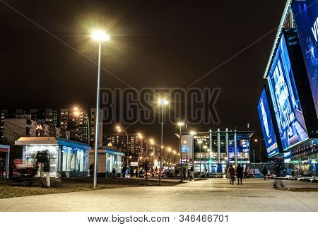 Moscow, Russia - December, 30, 2019: image of the entrance to the metro station Yugo-Zapadnaya in Moscow in the evening
