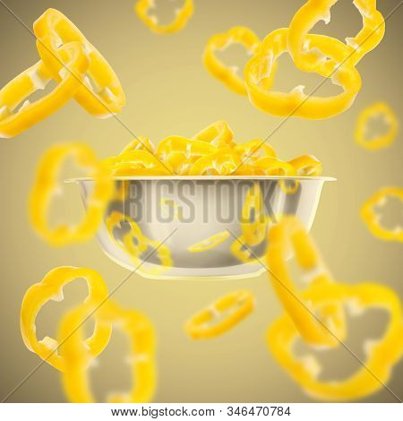 Creative Concept With Flying Yellow Paprika. Sliced Floating Pepper Into Salad Bowl. Levity Vegetabl