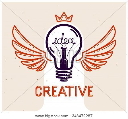 Idea Light Bulb With Wings Launching Like A Rocket Vector Linear Logo Or Icon, Creative Idea Startup