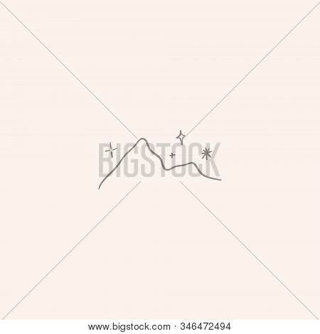 Nature Logo Of Mountain And Stars, Linear Icon Of Landscape. Emblem For Travel, Ecology, Spa, Yoga.