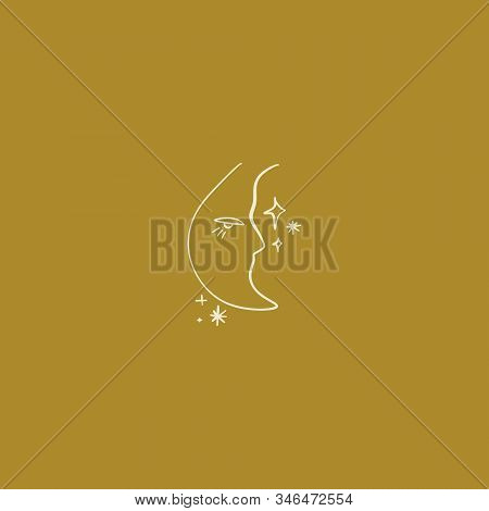 Tiny Line Art Handdrawn Style Logo Or Icon Symbol Of Magical Moon. Good For Fashion Theme, Nature Ca