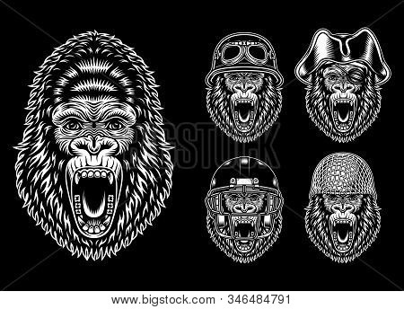 Collection Of Angry Gorilla Characters In Black And White