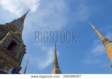 Phra Maha Chedi Four Kings On Uprisen Angle In Daytime, A Large And Tall Pagoda Built As The Reign O