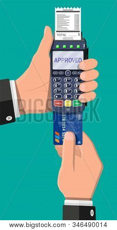 Modern Pos Terminal With Card And Receipt. Bank Payment Device. Payment Nfc Keypad Machine. Credit D