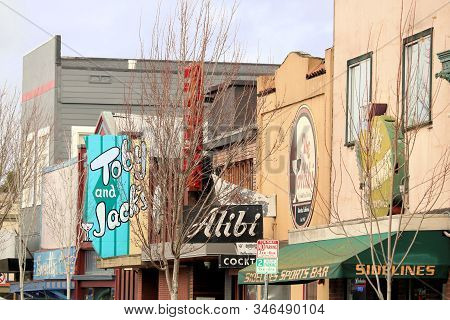 January 16, 2020 In Arcata, Ca:  Historic Buildings With Colorful Decorative Business Signs Includin